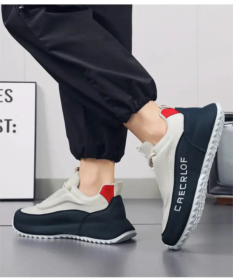 Men's lightweight running shoes by Simples Market, CAERLOF logo, white with navy panels and red heel