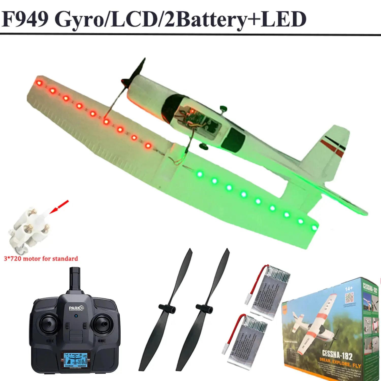 RC airplane WLtoys F949 LCD version Cessna 182 with night LEDs; includes remote, batteries, and extra propellers.