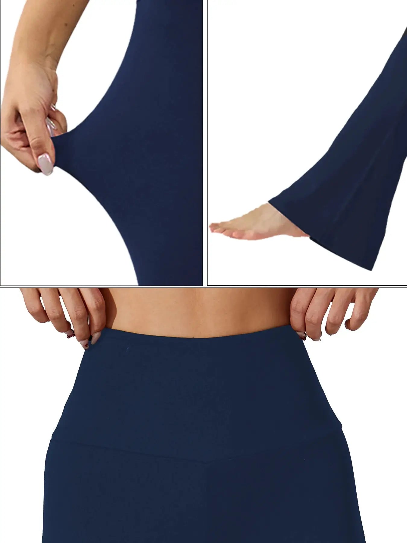 Women's navy blue high-waisted flare pants with tummy-control, stretchy yoga leggings.