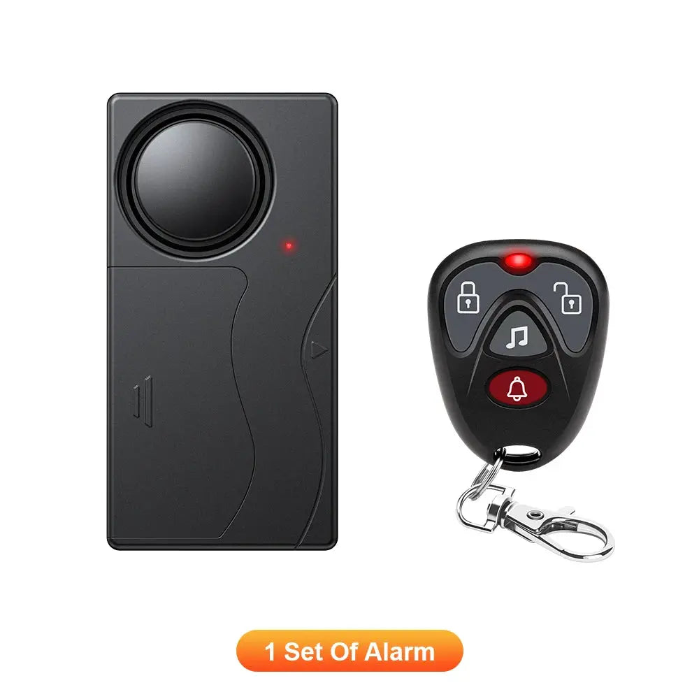 Wireless 110dB vibration alarm system for doors/windows with remote; black main unit and remote (1 set)