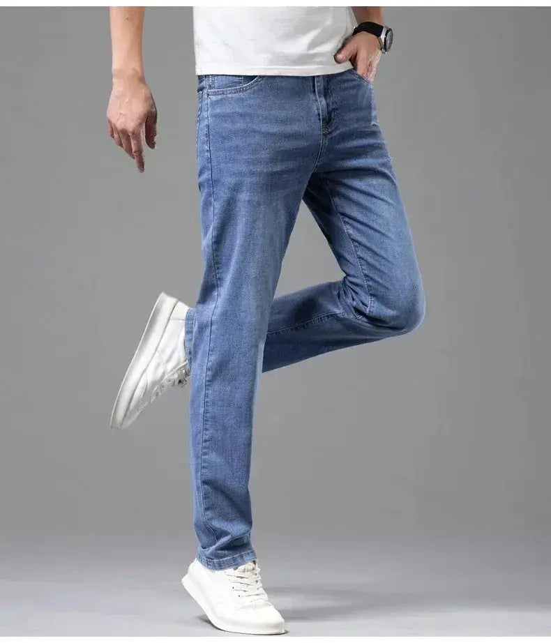 Men's blue denim jeans with stretch cotton, straight-leg casual trousers