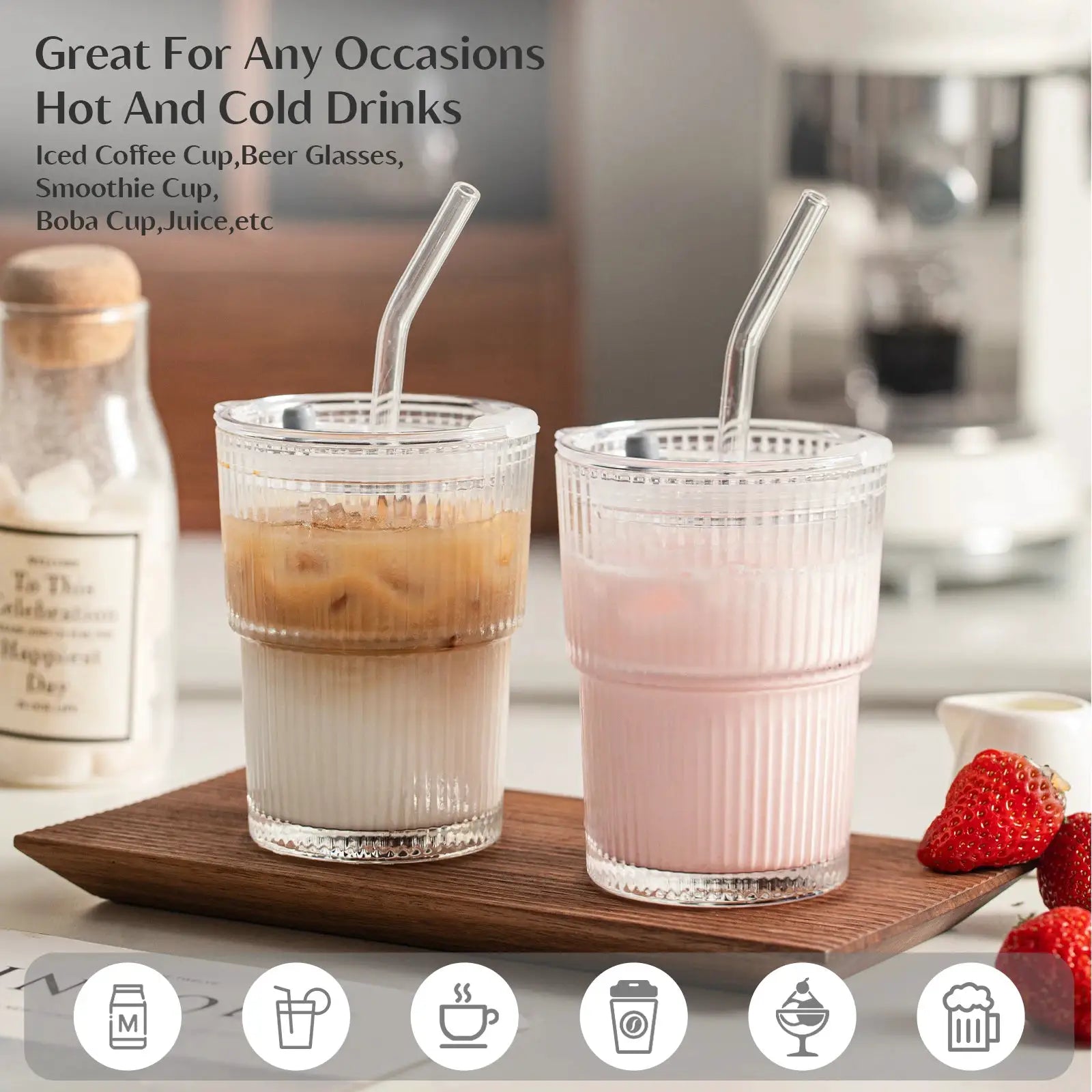 450ml Stripe Glass Cup With Lid And Straw Transparent Drinking Glass For Ice Coffee Tea Juice Milk Water