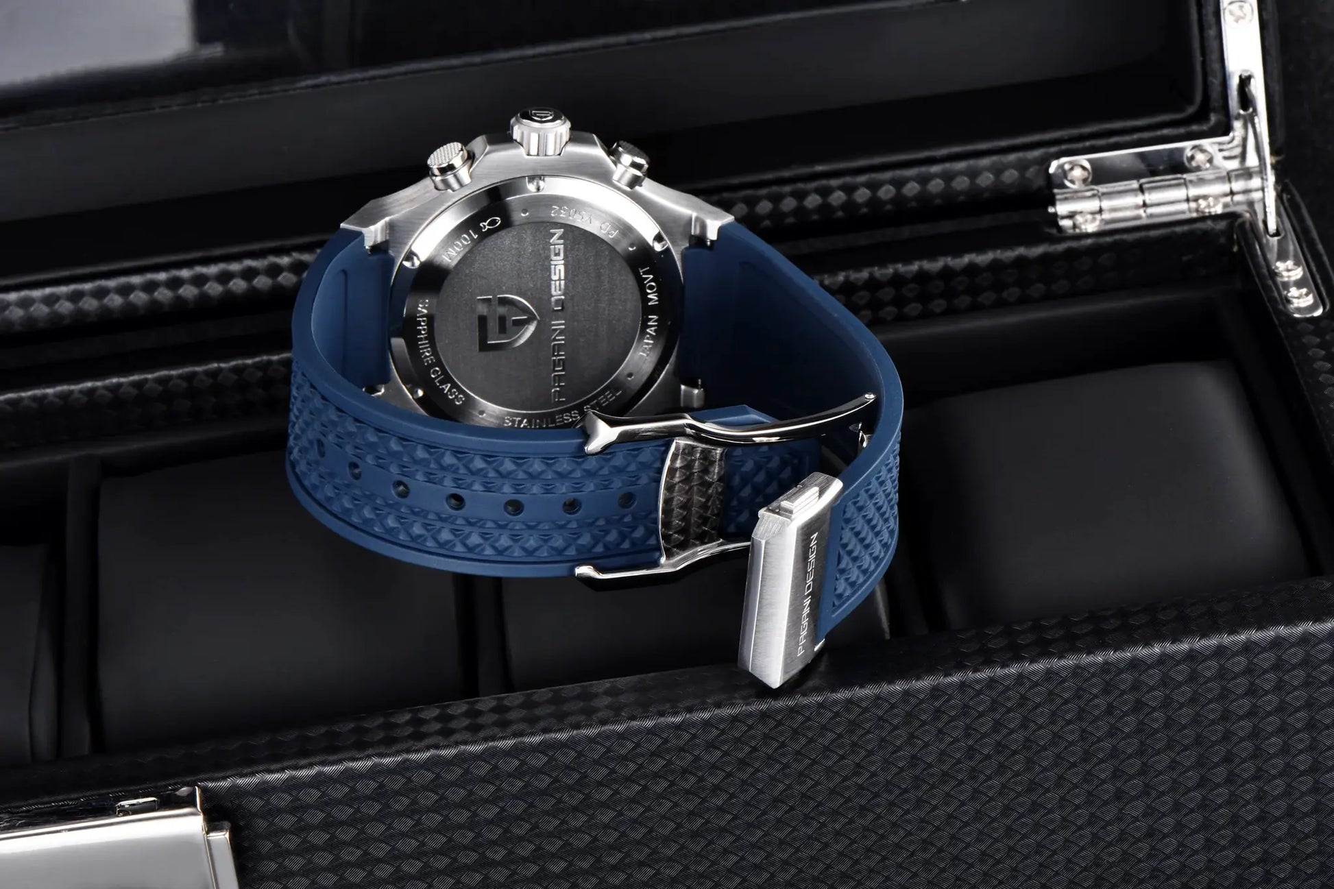 Pagani Design men's watch with blue fluororubber strap and stainless steel case back