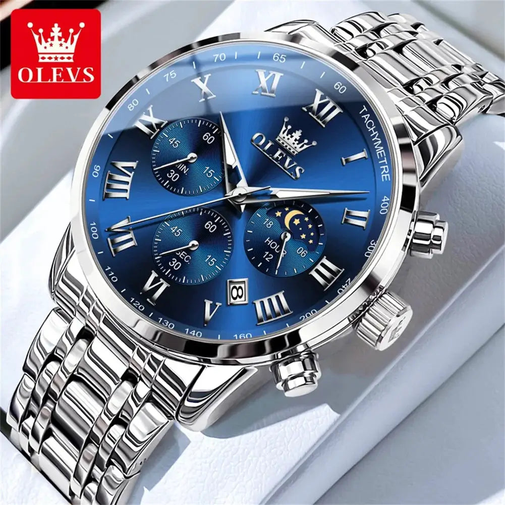 OLEVS 5529 men's watch with stainless steel bracelet, blue dial, lunar phase display, chronograph subdials