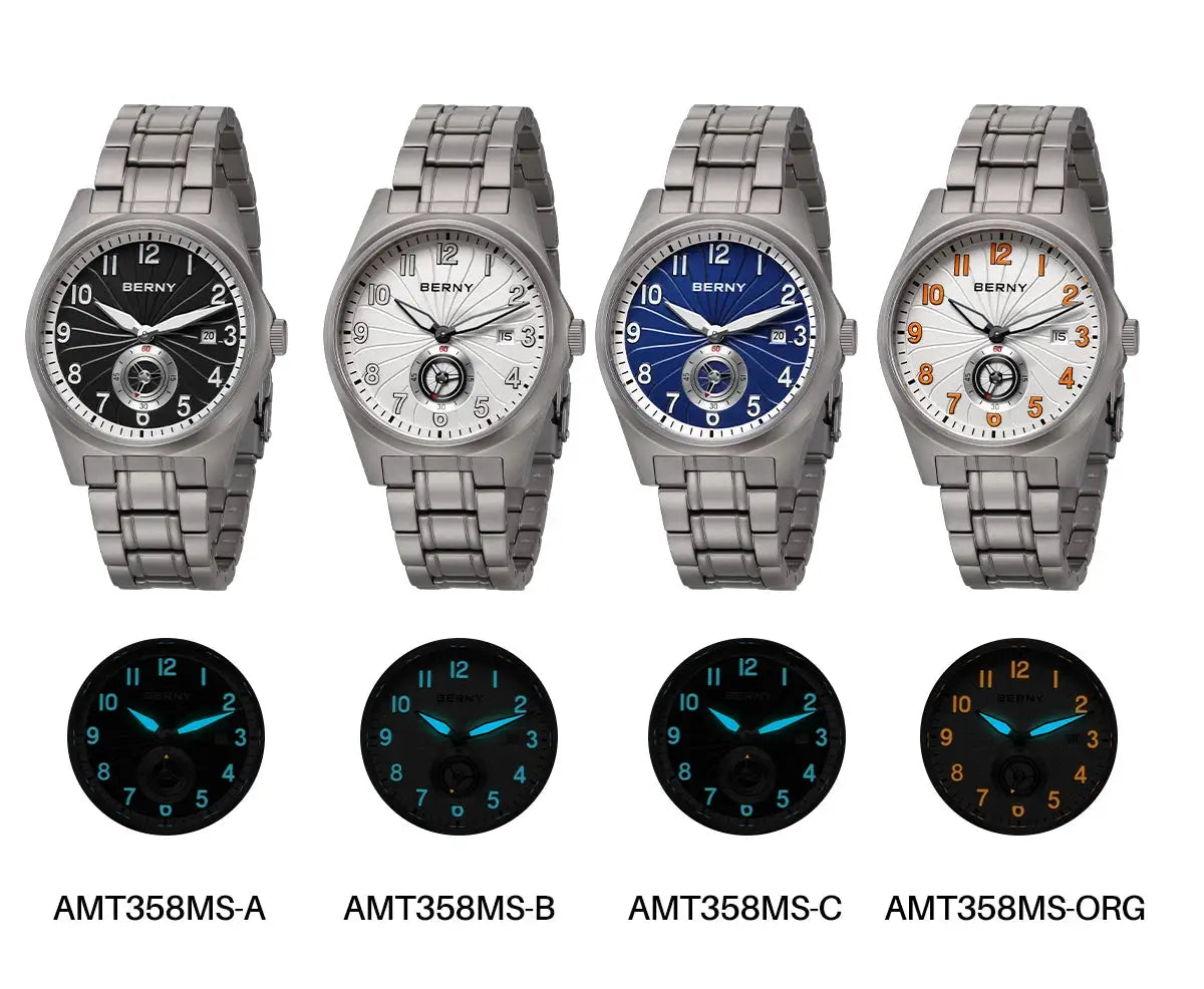 BERNY full titanium automatic men's watches; four dial colors with luminous versions, eight watches total.