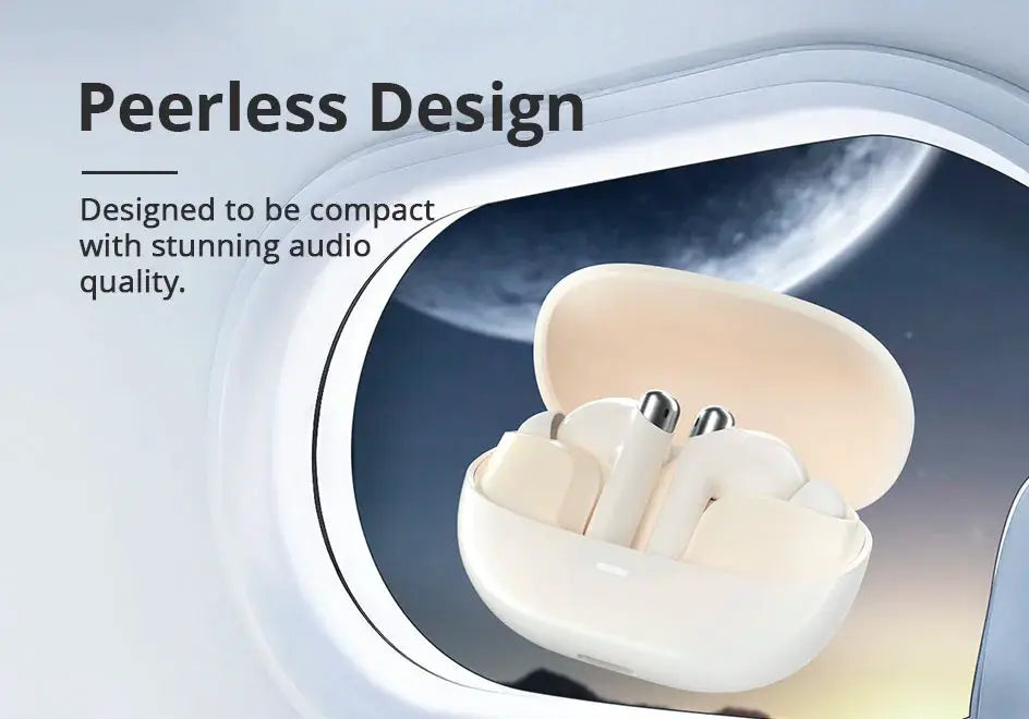 Tronsmart Bluetooth earphones in cream charging case with two earbuds visible
