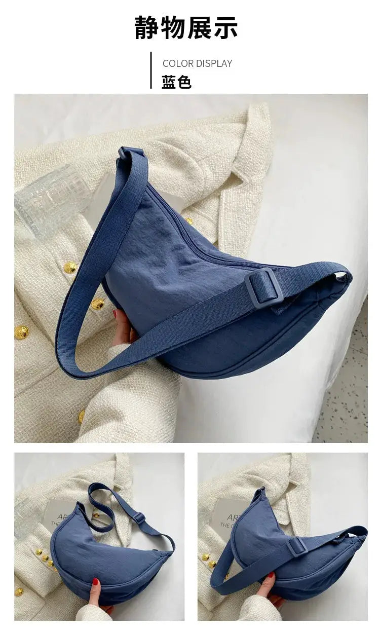 Casual nylon hobo crossbody bag for women by Simples Market in blue, with adjustable strap and large capacity