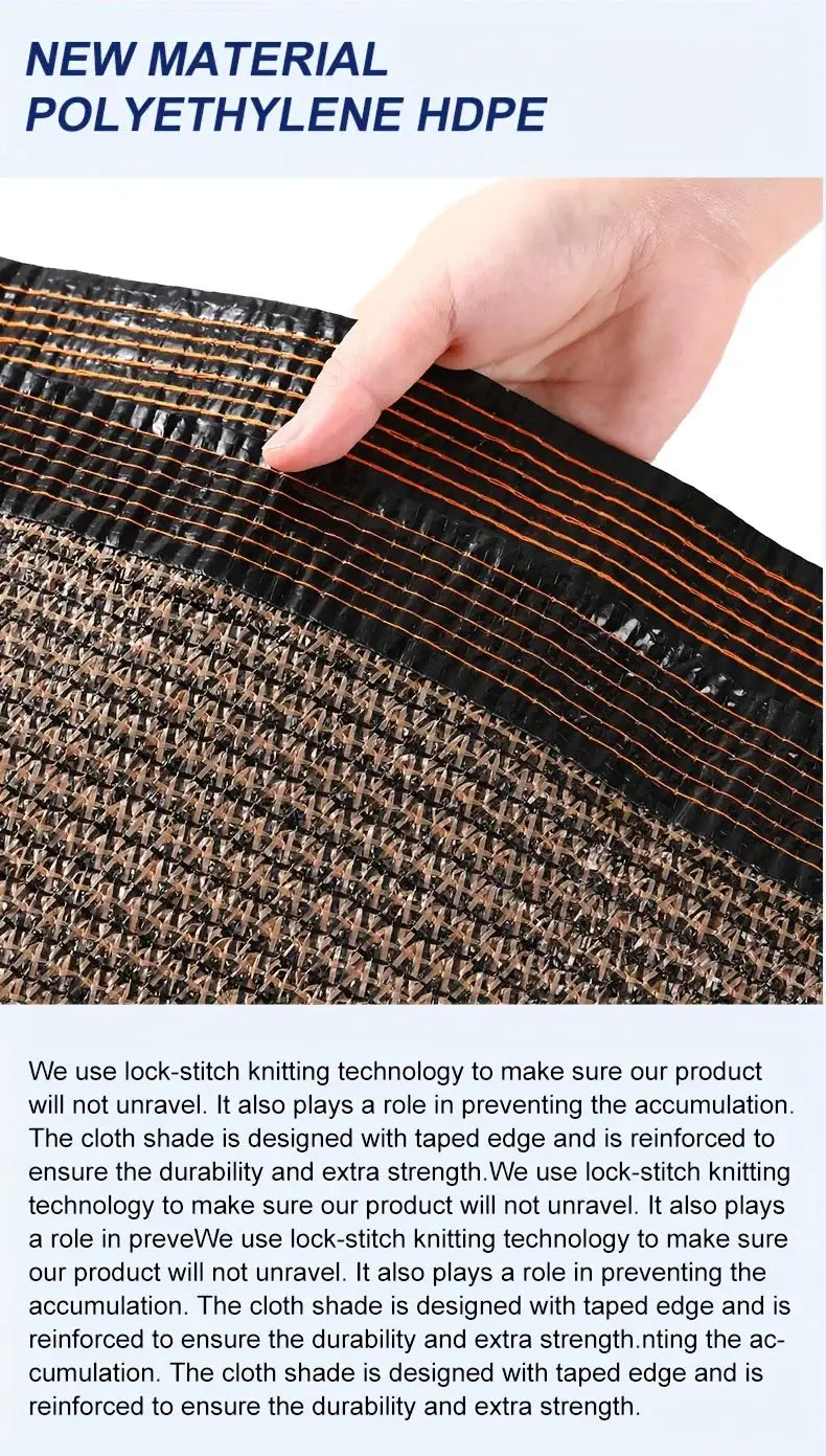 Garden shade cloth with grommets, black woven fabric with orange edge stitching