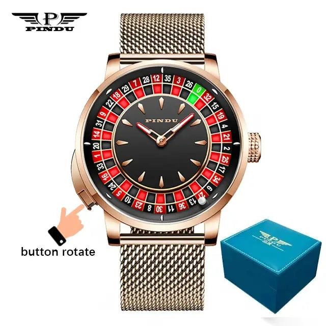 PINDU men's NH35A mechanical watch with roulette-style dial, sapphire crystal, diamond markers, gold-tone mesh band.