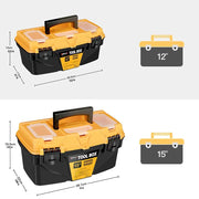 Two AIRAJ plastic tool boxes (12in and 15in) with yellow lids and black bases