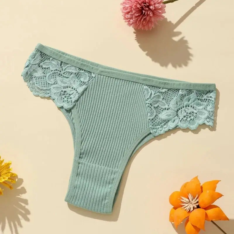 Panties 5Pcs set mint green cotton with floral lace side panels, ribbed low-rise briefs by Simples Market