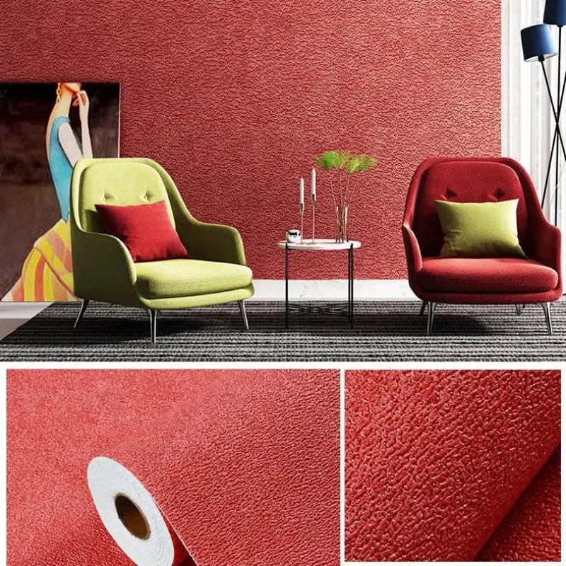 Linen 3D Foam self-adhesive PVC wallpaper in red by Simples Market, two chairs visible in the room