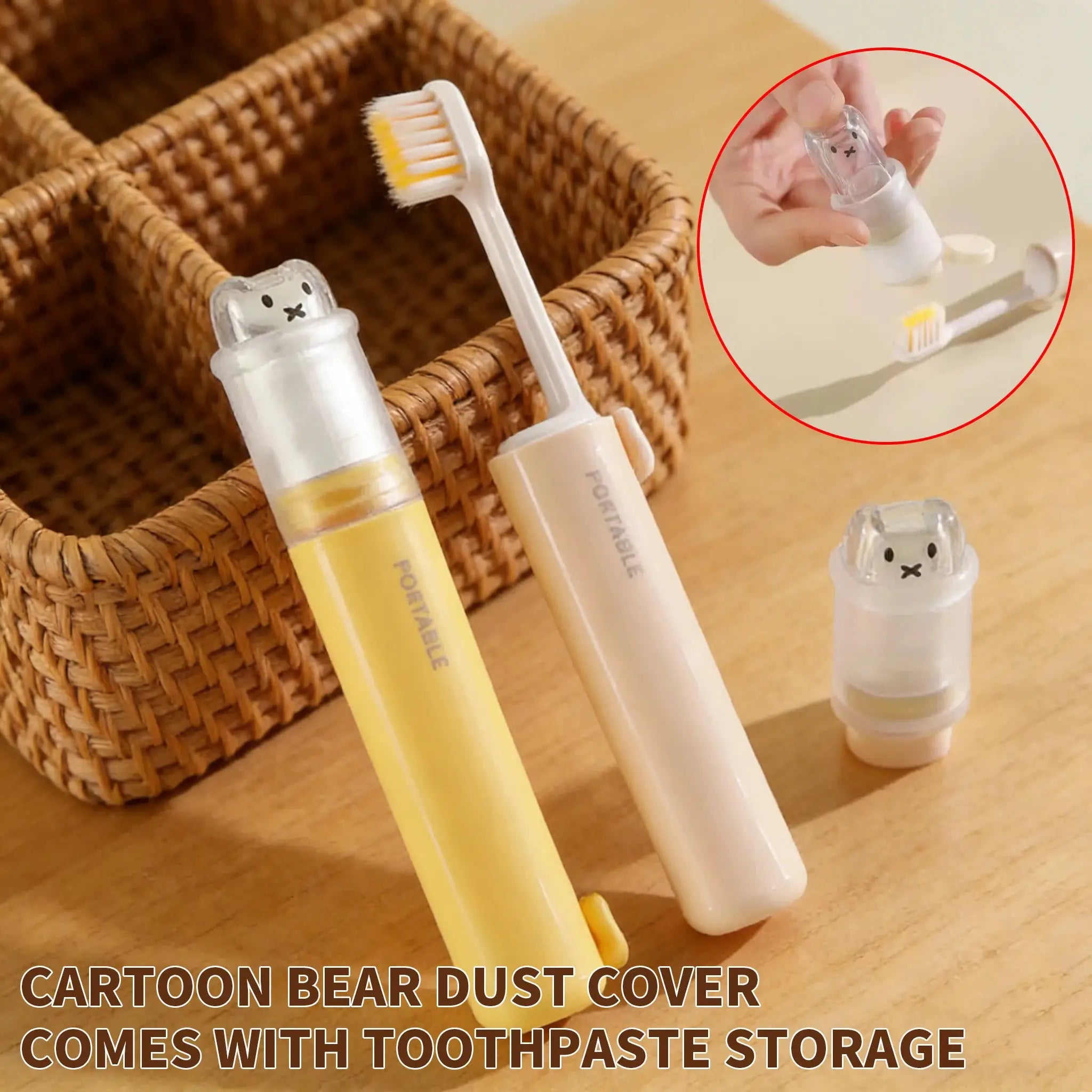 Simples Market 2-in-1 foldable travel toothbrush with toothpaste storage and bear dust cover in macaron colors