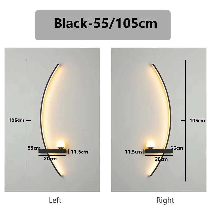 LED wall lamp black, curved arc design with warm glow, 55/105 cm options (left/right) Simples Market