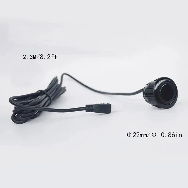 Ultrasonic parking sensor, black, 22mm diameter with wired connector.