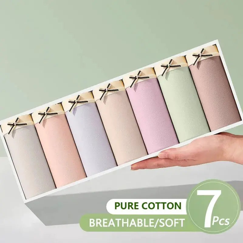 7-pack women's cotton panties with bows in pastel solid colors; breathable, soft briefs