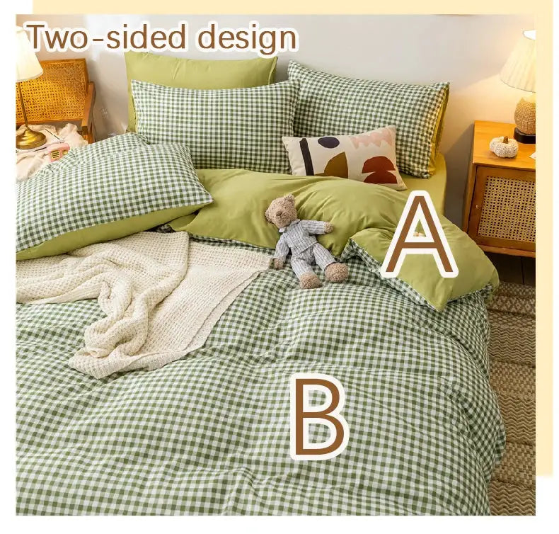 Kawaii bear themed bed set on green gingham duvet with matching pillowcases and a teddy bear on the bed