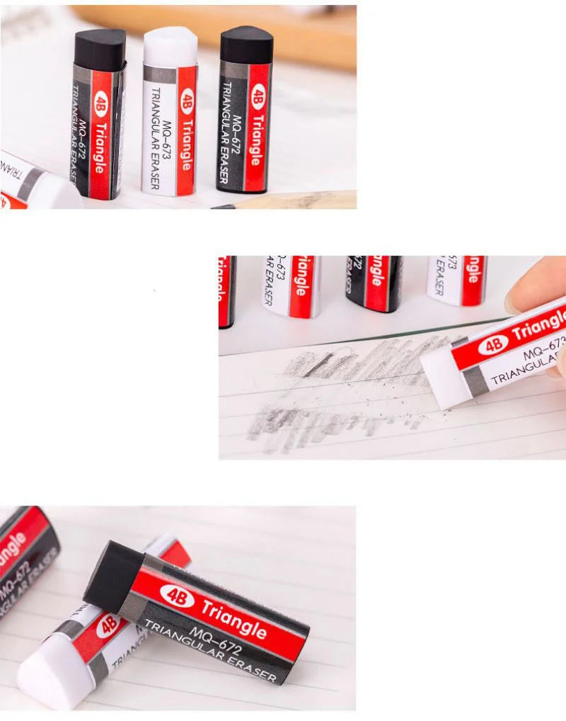 4B triangle erasers set; assorted red, white, and black wrappers; novelty rubber erasers for school and office use