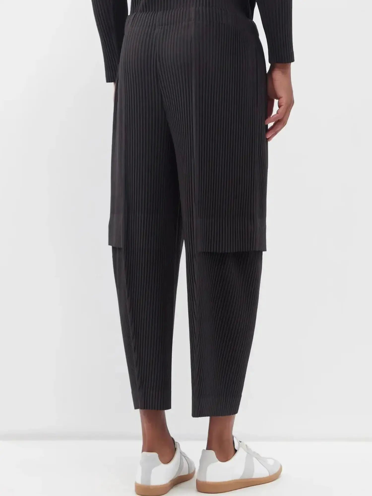 Miyake Pleated Men Cargo Pants, black, loose straight-leg with vertical pleats