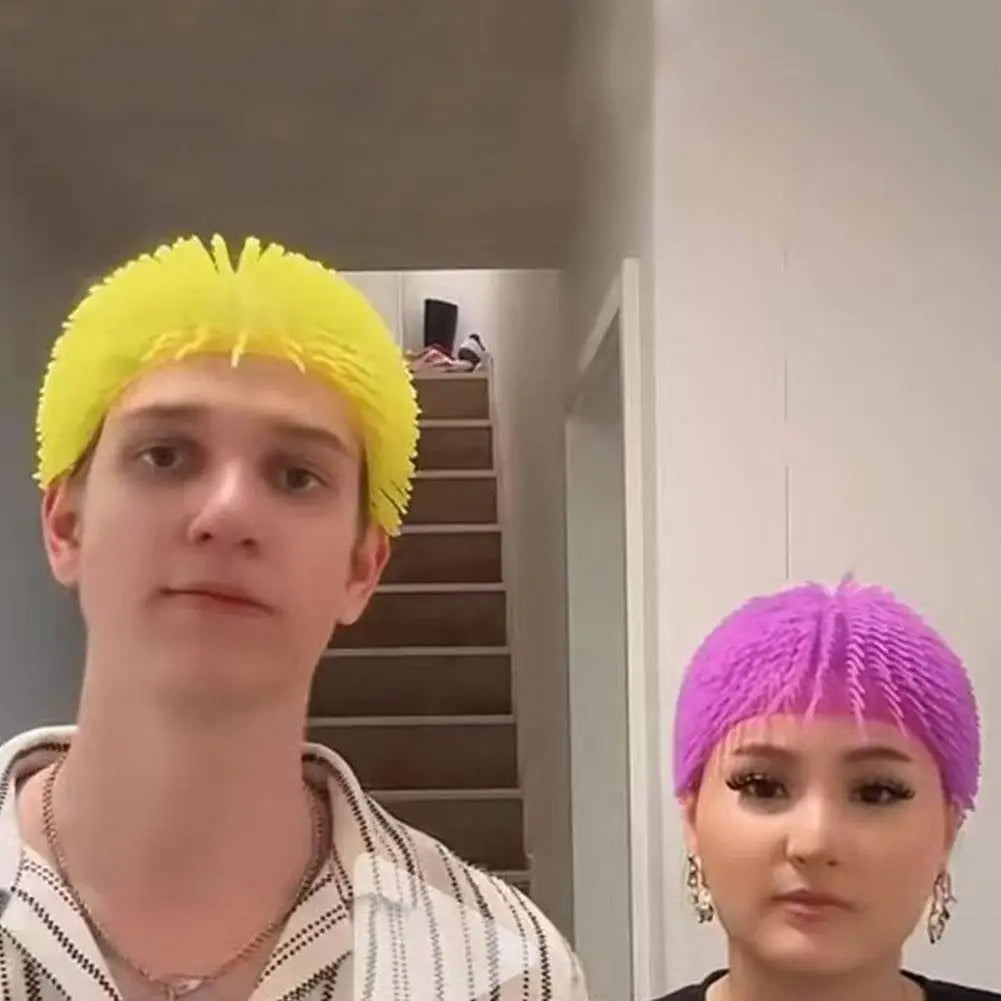 Spiky Ball Prank Hat by Simples Market, unisex neon yellow and purple soft TPR wig set of 2 for Halloween cosplay