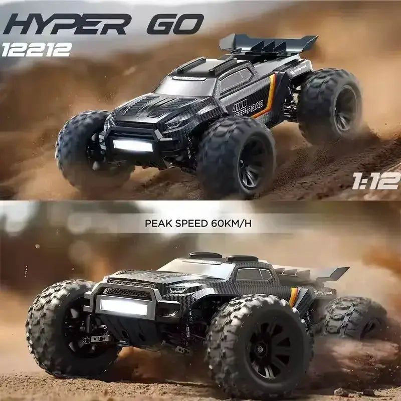 Remote control Hyper Go 12212 monster truck, black 4x4 off-road RC car with orange accents