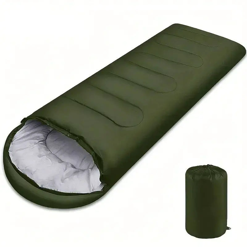 Camping sleeping bag, olive green with gray interior, ultralight waterproof 4-season envelope style; includes carry sack.