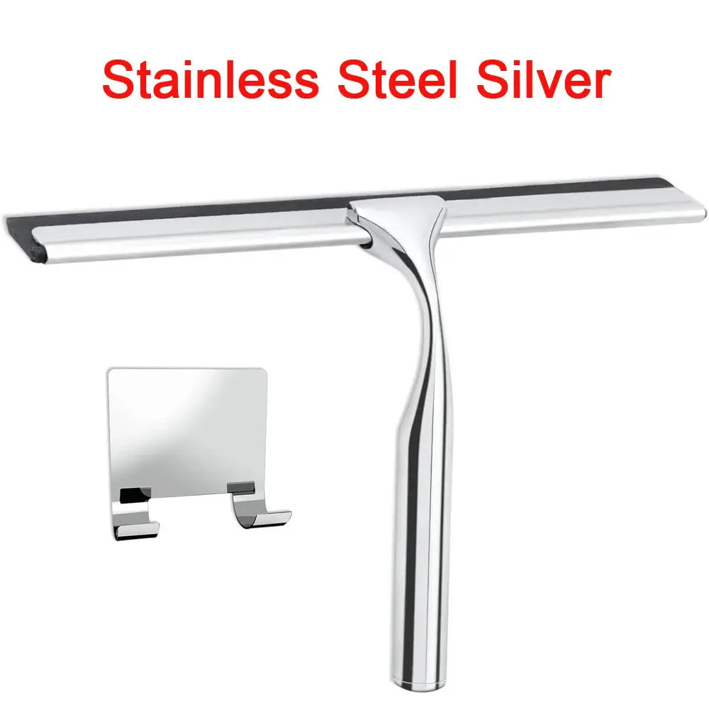 Stainless steel shower squeegee with long blade and chrome handle, includes wall-mount bracket