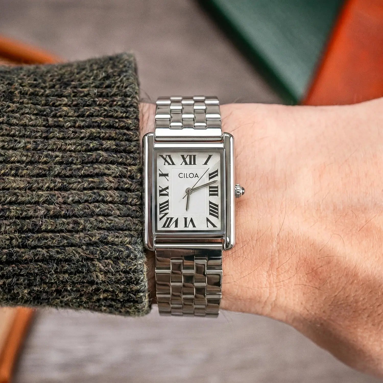 CILOA men's luxury retro square watch with stainless steel case and bracelet, cream dial with Roman numerals.
