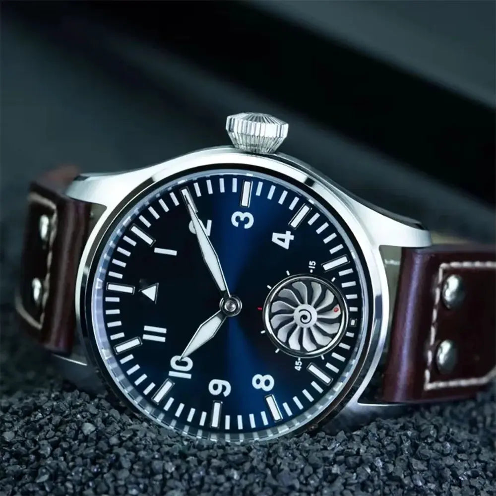 Hruodland Pilot 42mm manual mechanical watch with blue dial, silver case and brown leather strap