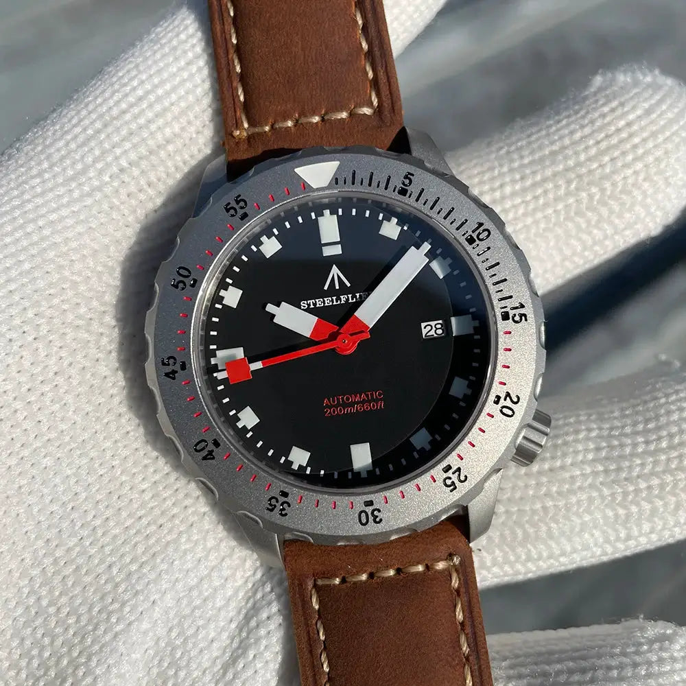 STEELFLIER SF752 dive wristwatch with black dial, white markers, red seconds hand, brown leather strap, date window