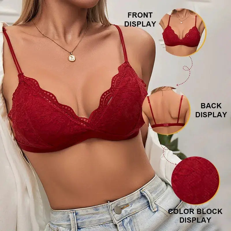 V-Neck Double Strap Floral Lace Bralette by Simples Market, red scalloped lace wireless bra with back hook closure.