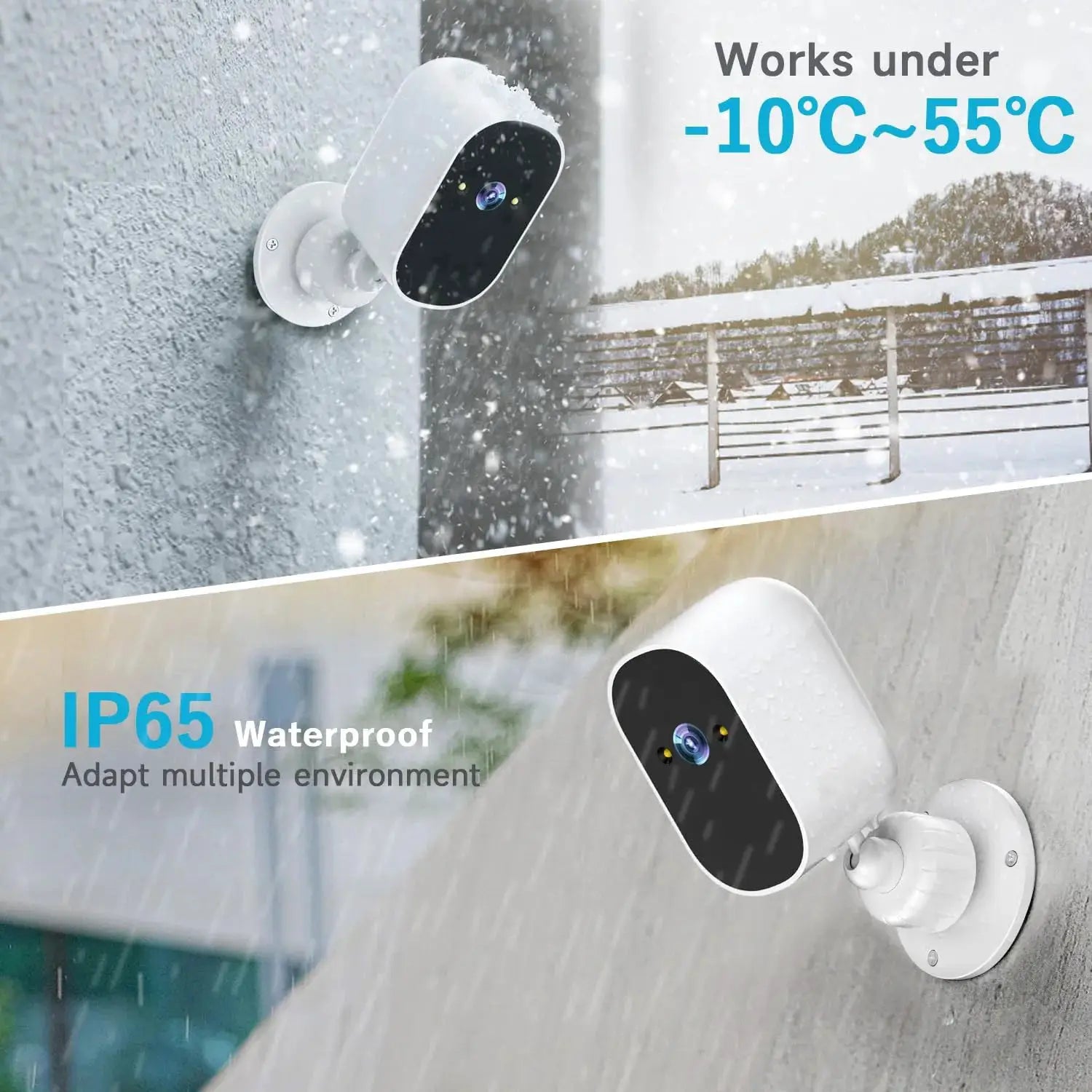 XVIM solar security cameras, two white units mounted outdoors, weatherproof IP65 with wireless WiFi and battery power.