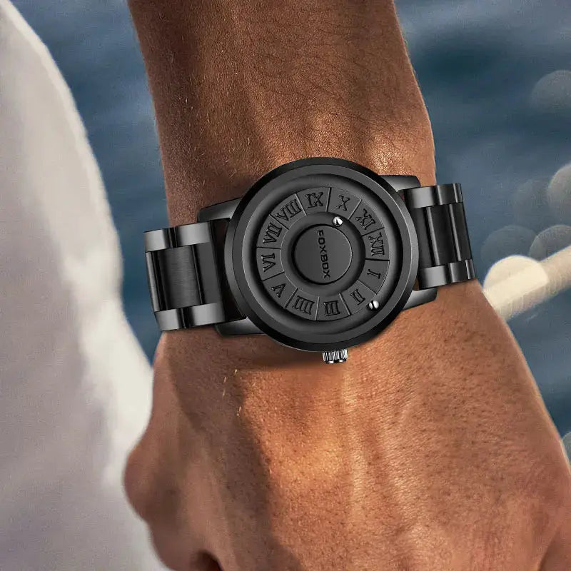FOXBOX men's black stainless steel watch with round Roman-numeral dial and bracelet