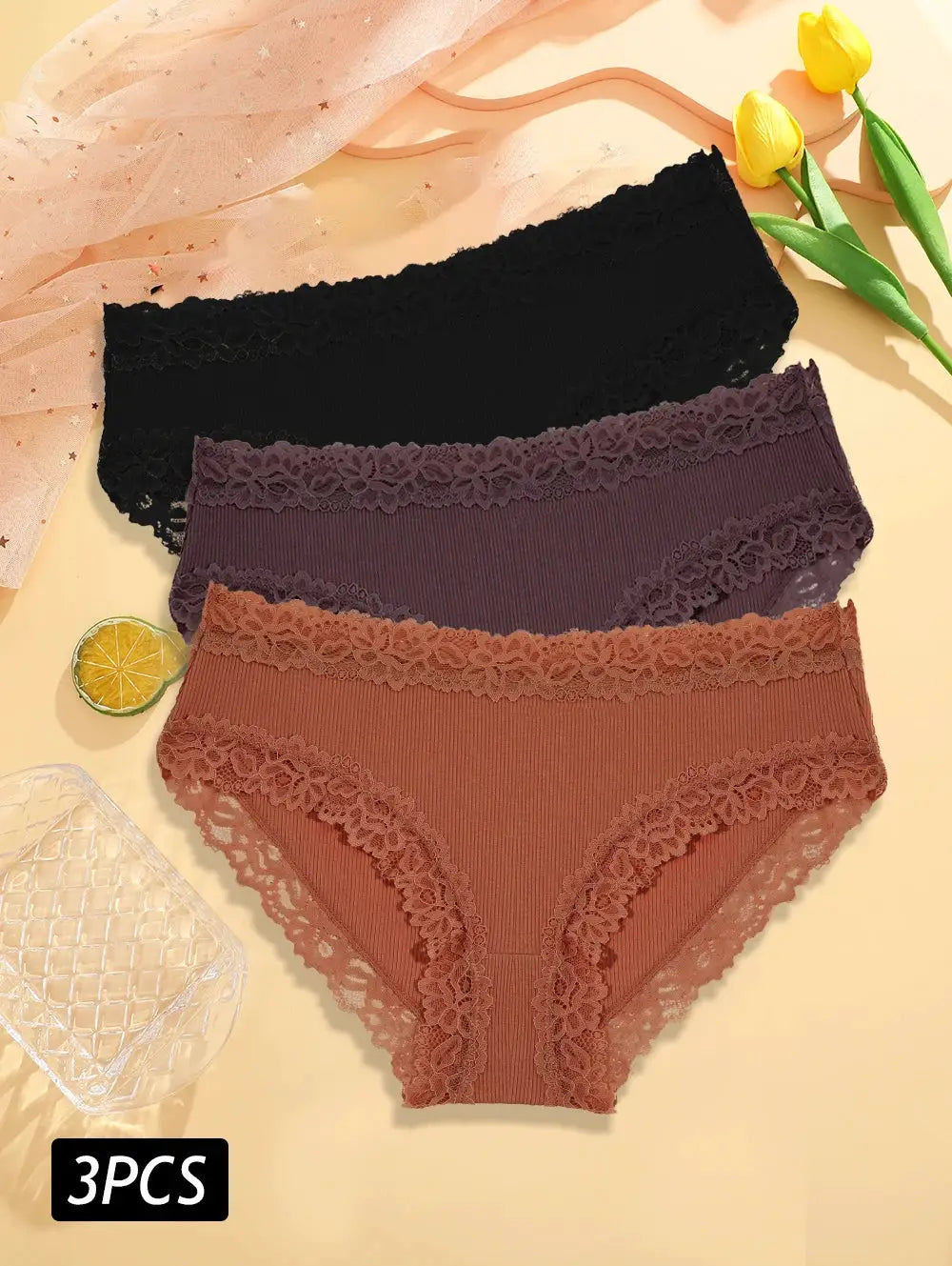 3-piece set of lace-trim cotton panties; black, plum, and rust, seamless low-rise breathable briefs