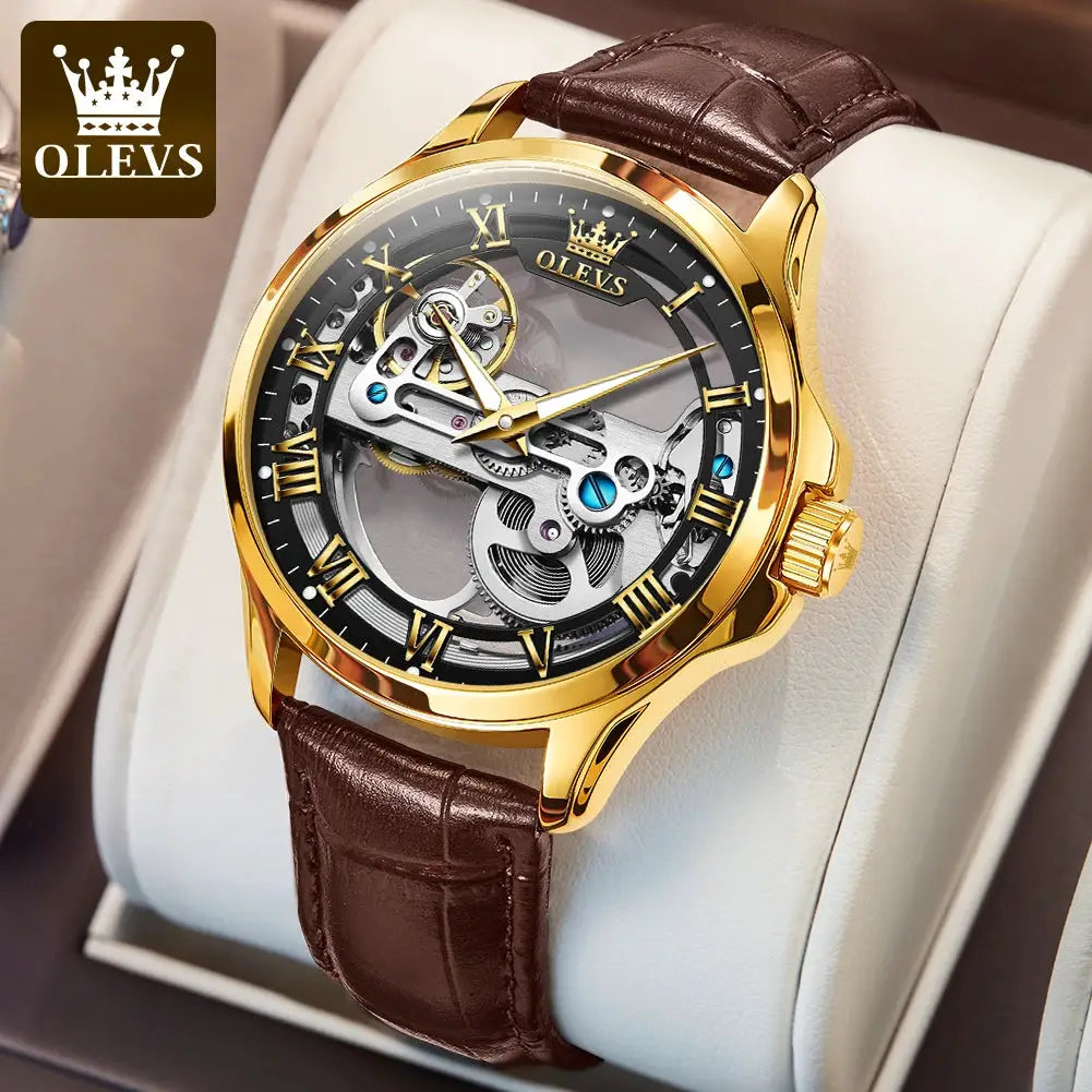OLEVS 6661 skeleton automatic wristwatch with gold-tone case, Roman numeral dial, brown leather strap
