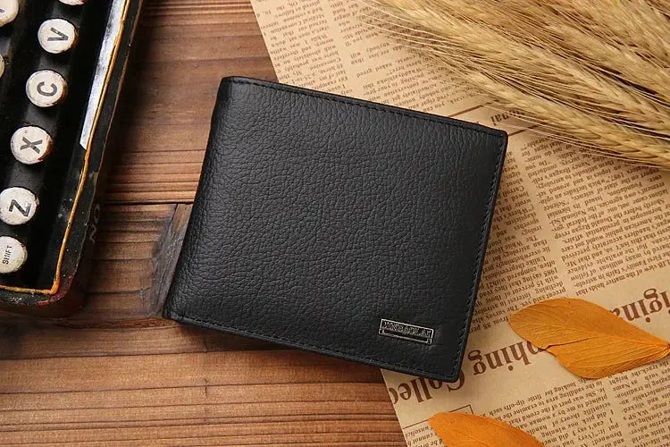 Men's short black genuine cowhide leather wallet with textured grain by Simples Market
