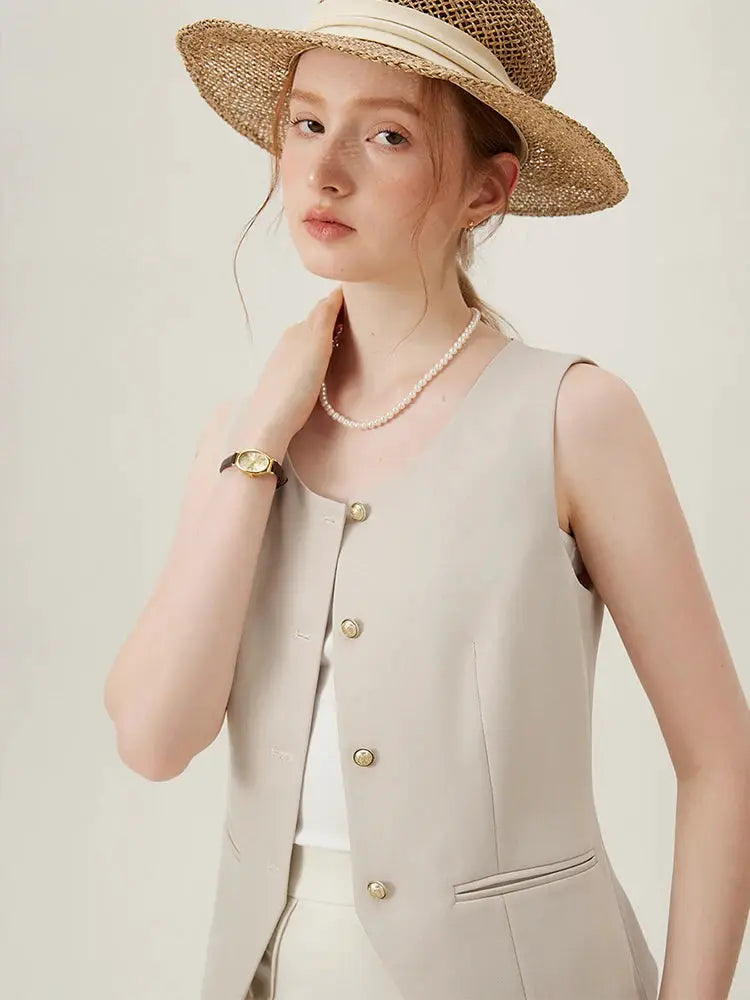 FSLE women blazer vest set in beige with gold buttons