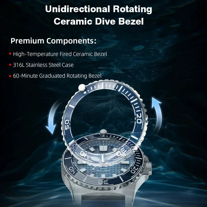 NORTH EDGE ABYSS diving watch, solar-powered quartz, 200m water resistant, 316L steel case with ceramic bezel