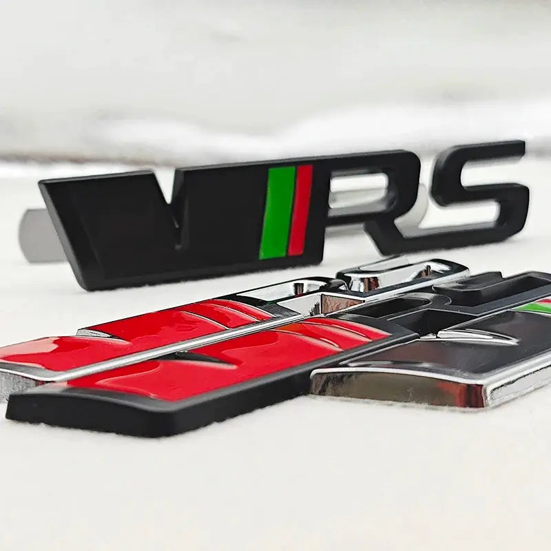 3D metal car badge set for grille/trunk; VRS and RS emblems with black/polished chrome finish, 2 pieces