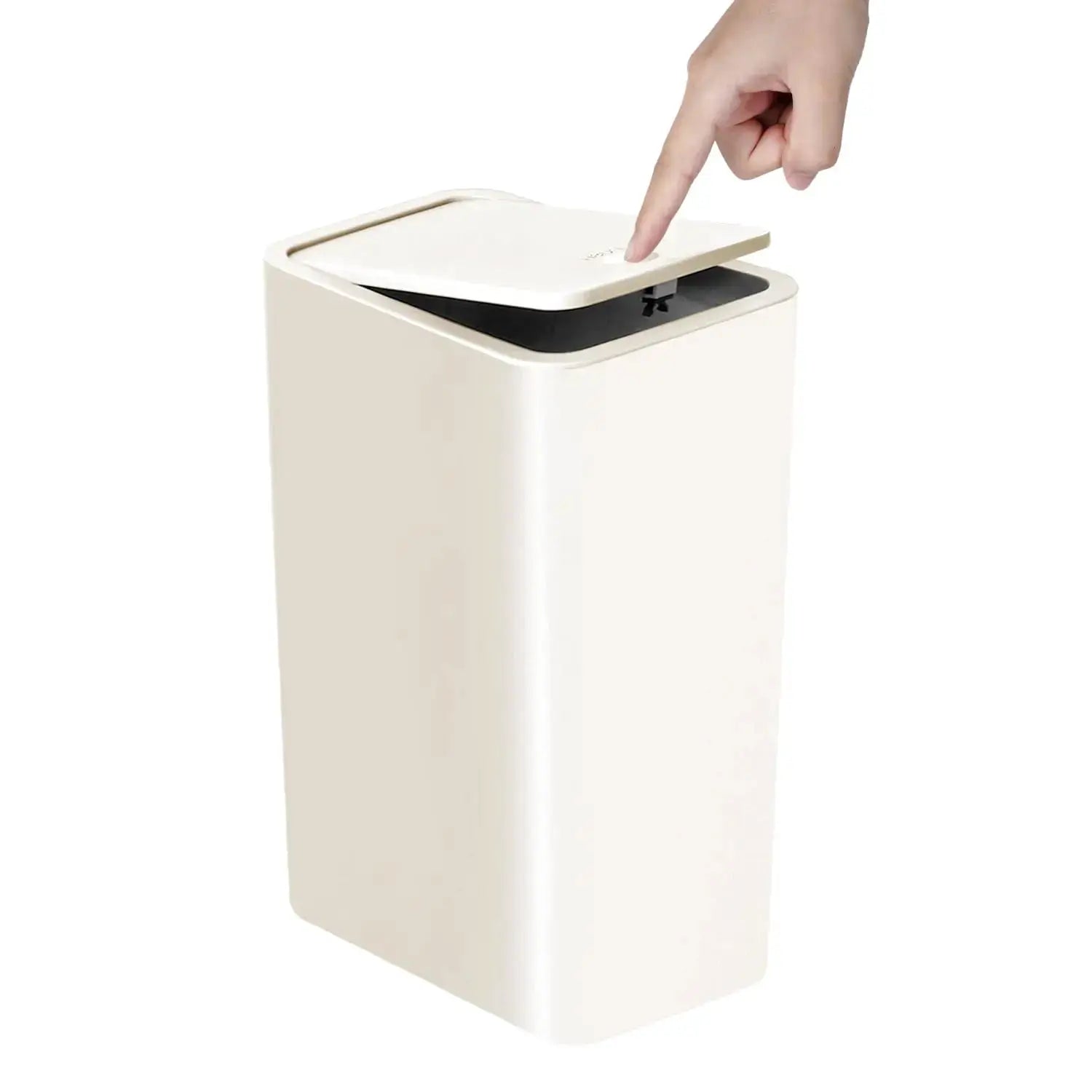 Bathroom trash can 10L, beige plastic wastebasket with press-top lid by Simples Market