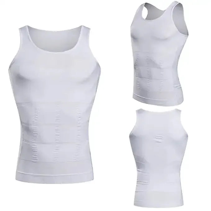 Simples Market men's slimming vest bodysuit, white waist-cinching shapewear with panel seams (front, side, back views)