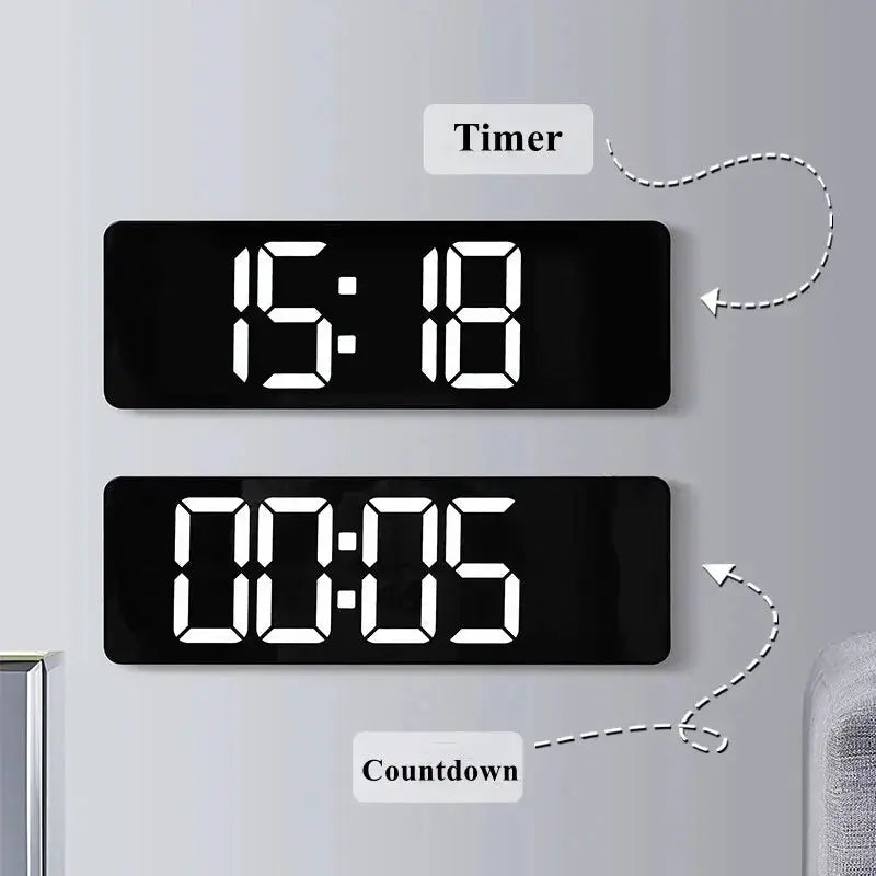 Simples Market large digital wall clock pair with remote; black LED panels show timer, countdown and dual alarms