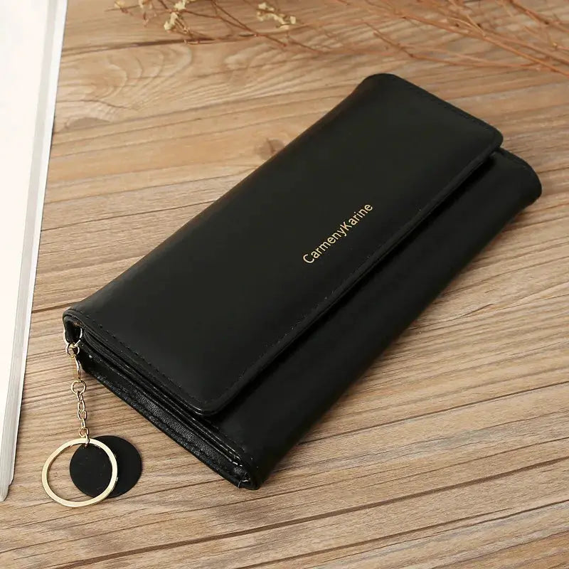 Black PU leather long wallet by CarmenYarine with gold logo, multi-functional fold purse and key ring charm