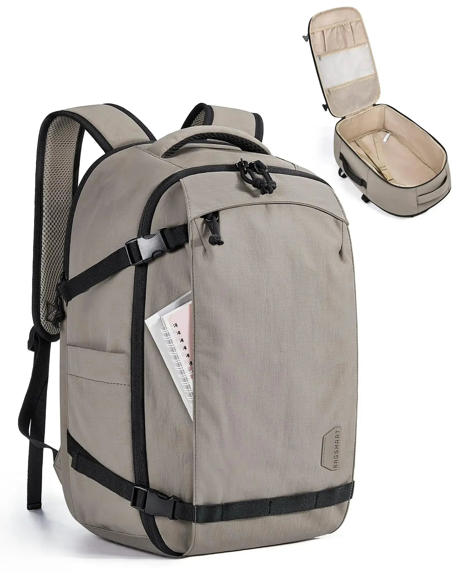 BAGSMART travel backpack, beige 30L carry-on with water-resistant fabric and front pockets