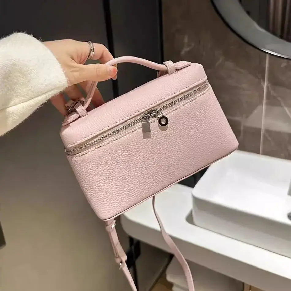 Simples Market pink lychee-grain mini shoulder bag with top handle, textured pebbled leather, crossbody strap
