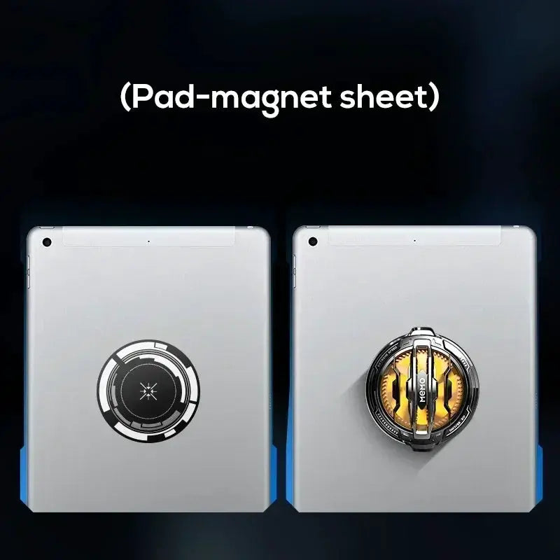 Universal mobile phone cooling fan with magnetic back clip; 2-in-1 CX08 shown on two smartphones