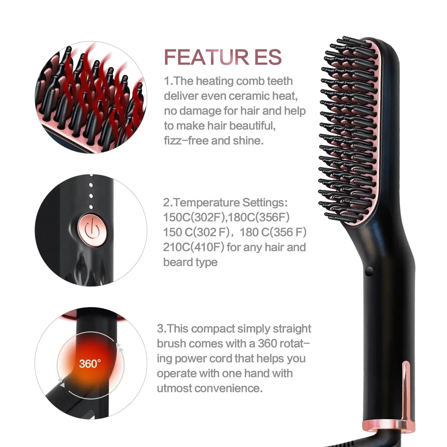 Simples Market men's electric beard straightener hair straightening brush with rose-gold accents, 360° rotating cord