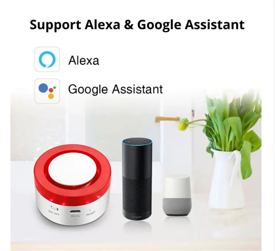 Tuya Smart WiFi alarm kit with red siren, black Echo speaker, and gray Google Home Mini; Alexa & Google Assistant compatible.