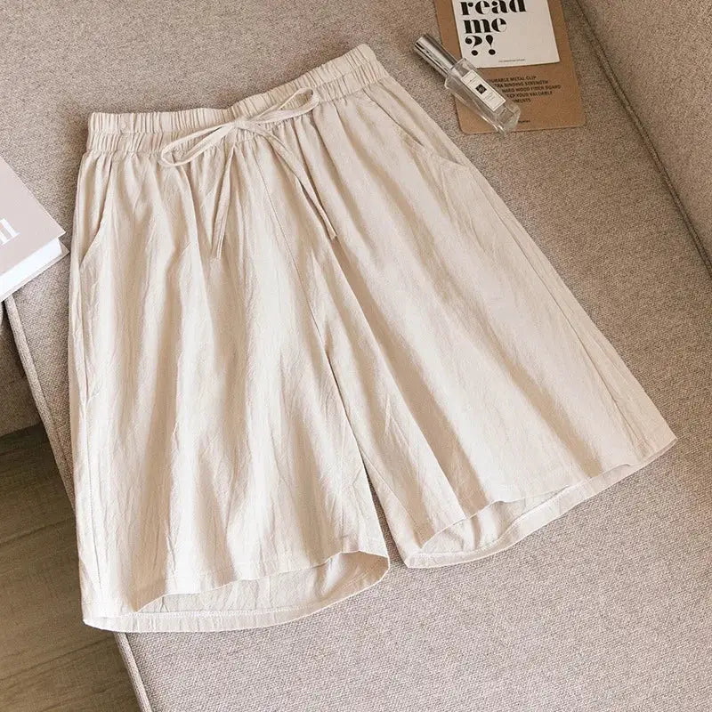 2026 Women Cotton Shorts beige high-waisted casual shorts with drawstring and two pockets