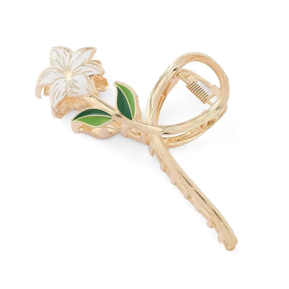 Glamora Metal Hair Claw With Gold Flower Design For Secure Ponytails And Elegant Updos